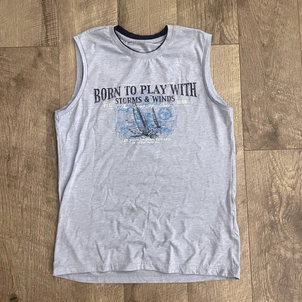 LC Waikiki Mens Classic Sleeveless Muscle Tee Blue Heather Nautical Graphic S